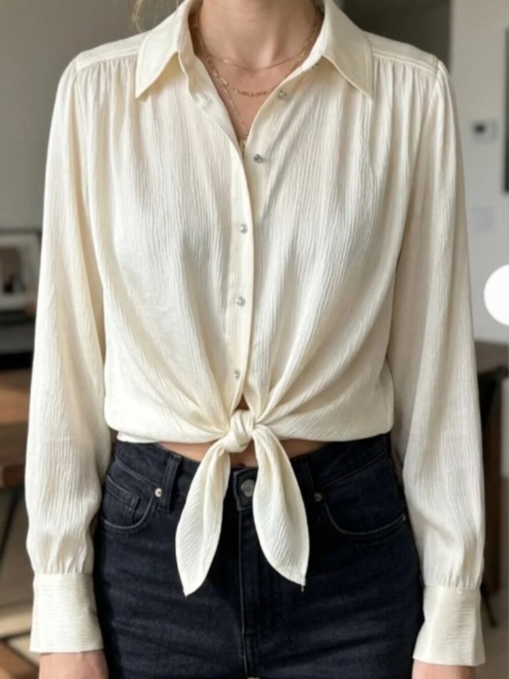 Revolve | Ba&sh Silk-Look Tie-Front Button Down Off White Long Sleeve XS